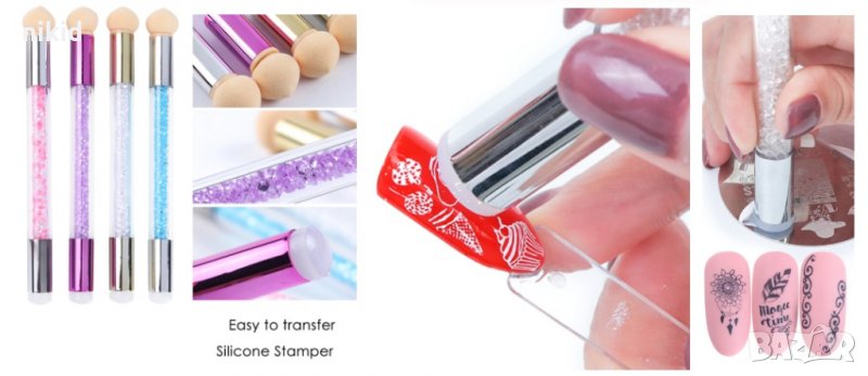 фин двустранен  инструмент за печати нокти маникюр плочки с картинки с лак гумен силиконов и гъба , снимка 1