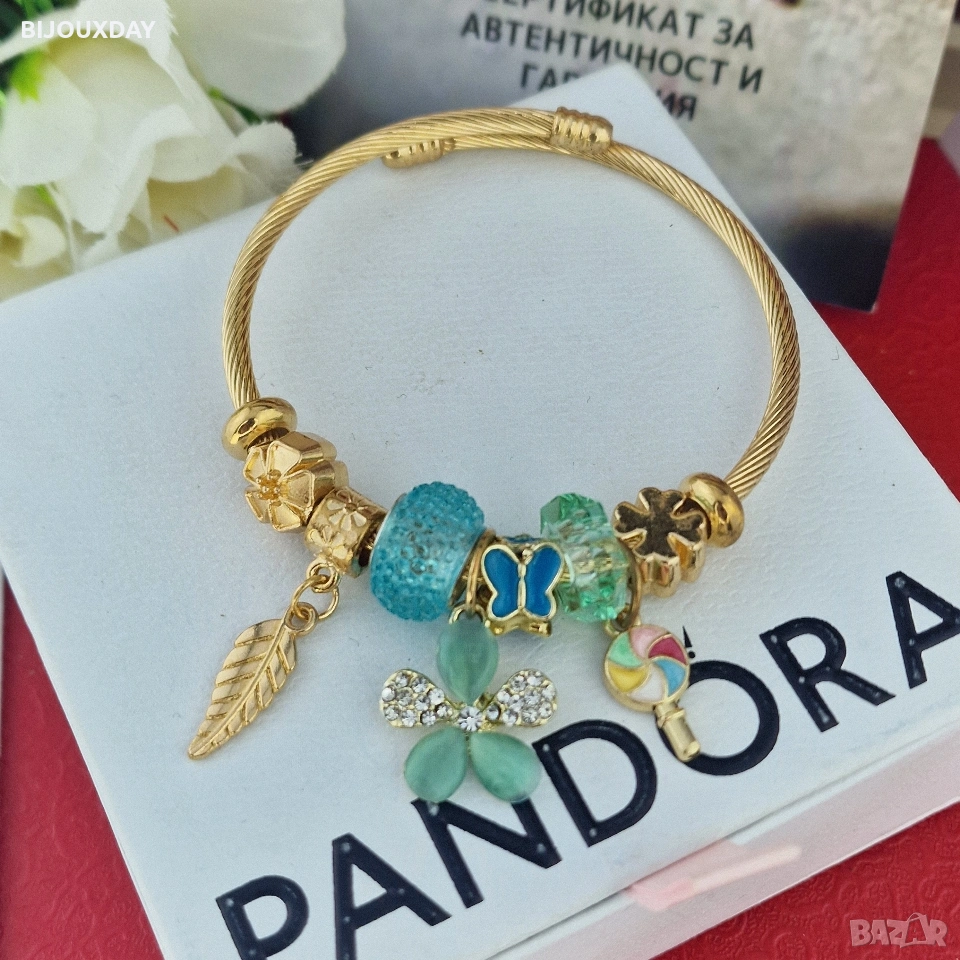 нежна гривна ти Пандора с цвете медицинска стомана 18 карата златно покритие, снимка 1