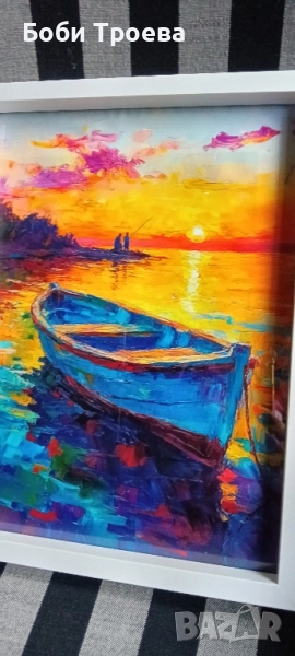 Средиземноморски крайбрежен пейзаж с лодка,синьо море,залез, снимка 1