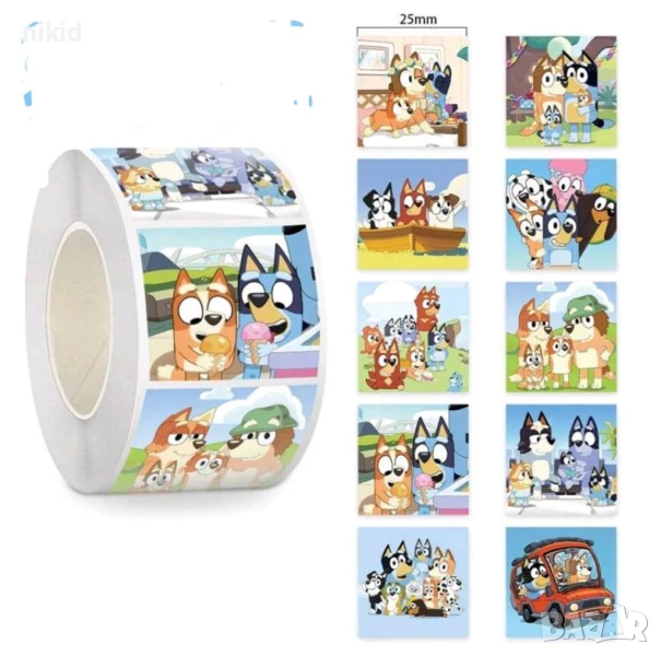 100 бр Блуи и Бинго Bluey Bingo квадратни самозалепващи лепенки стикери ръчна изработка за подарък, снимка 1