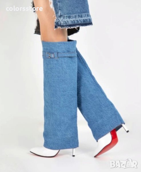 Ботуши на ток - деним и бяла кожа - KD100, снимка 1