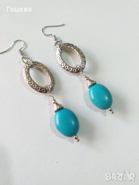 Модерни Бохо Шик обеци с гокеми овални Тюркоази и гравирани елементи в цвят сребро , снимка 1