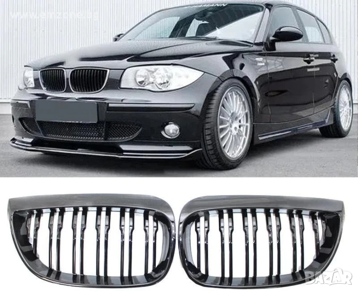 Решетки Бъбреци за БМВ BMW 1 серия E81/E87 2004-2011 Черен Гланц Двойни, снимка 1