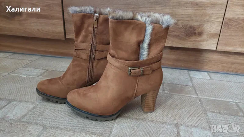 Зимни подплатени боти, с висок ток цвят камел 39 номер Lemon Tree, снимка 1