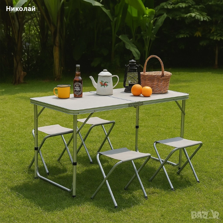 Комплект сгъваема алуминиева маса с 4 стола – идеален за къмпинг, двор и почивка, снимка 1
