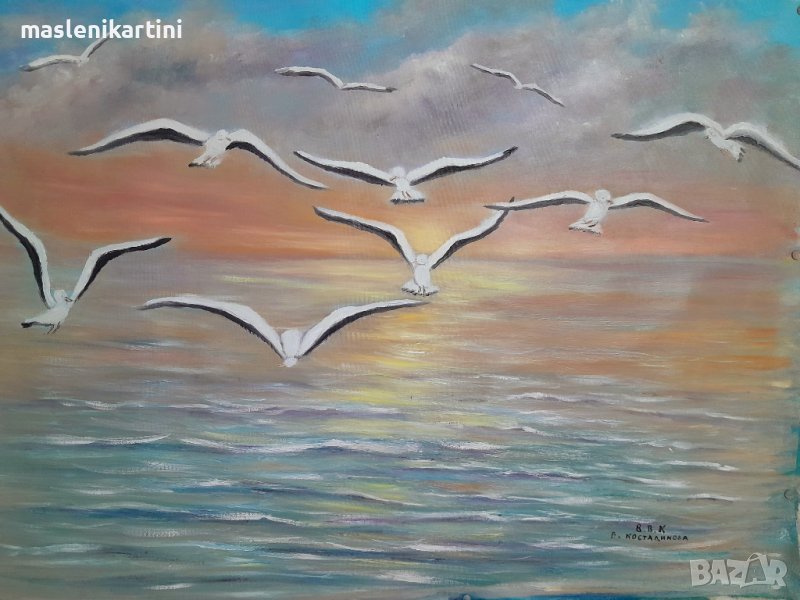 Полетът на чайките маслена картина , снимка 1