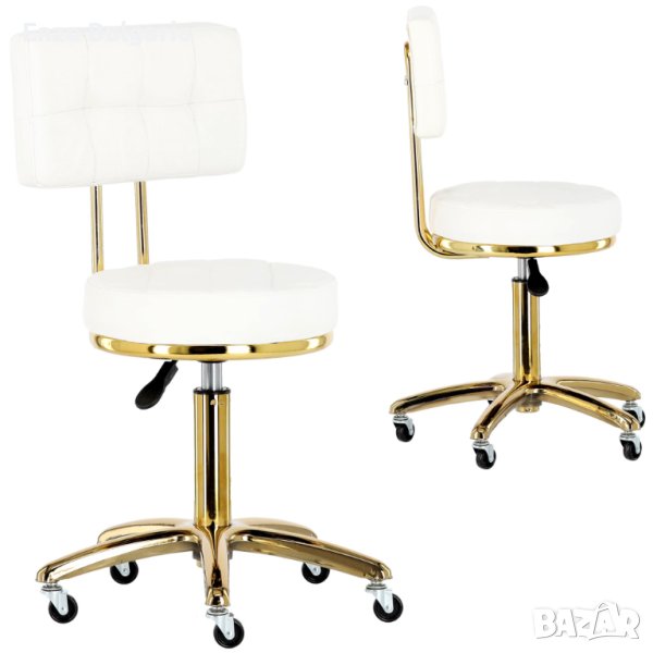 Козметична табуретка с облегалка фризьорски стол бял въртящ се за салон SD-D10-GOLD-WHITE, снимка 1