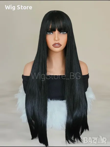 Права черна перука с бретон, снимка 1