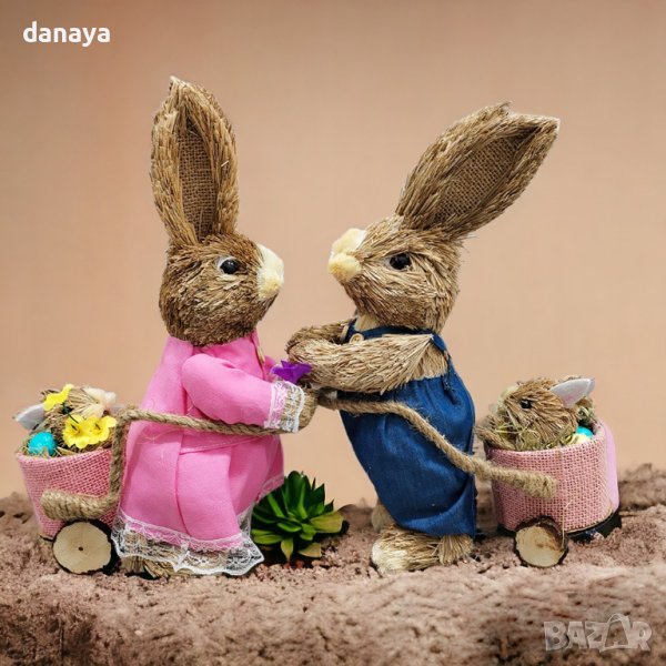 4400 Декоративен великденски заек с каручка и малко зайче, 30 см, снимка 1