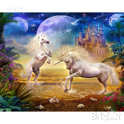 Еднорози еднорог и замък 5D гоблен диамантен гоблен картина мозайка за направа по схема с камъчета, снимка 1