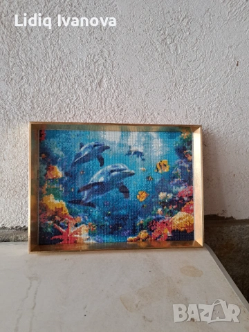 Диамантен гоблен делфини-готов и рамкиран, снимка 5 - Гоблени - 50711730