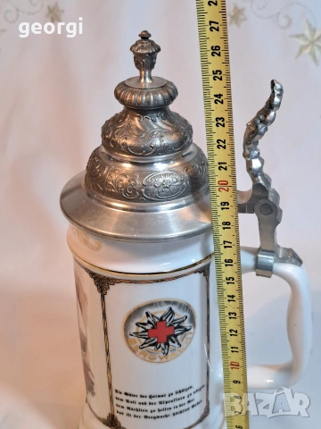 колекционерска немска порцеланова халба с калаен похлупак 33/1, снимка 9 - Колекции - 53382676