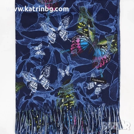 Кашмирен дамски шал тъмно син с пеперуди и ресни Код на продукта:sh-10-8