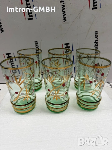 Комплект от 6 чаши винтидж дизайн в зелено и златно за вода - Чехословакия 280 мл., снимка 2 - Чаши - 53334769