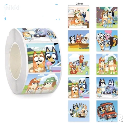 100 бр Блуи и Бинго Bluey Bingo квадратни самозалепващи лепенки стикери ръчна изработка за подарък