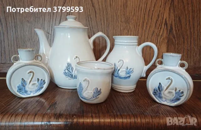 Керамичен чайник, каничка, чаши с лебеди, снимка 2 - Сервизи - 48345110