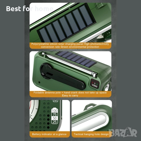 Преносимо радио, водоустойчиво аварийно AM/FM със слънчева лампа за четене, SOS аларма и LED фенерче, снимка 6 - Радиокасетофони, транзистори - 51798169