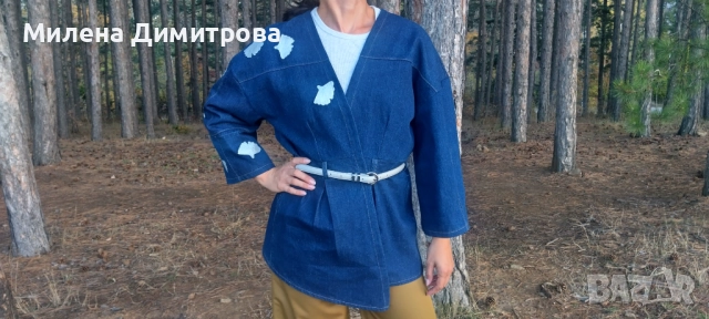Дамско кимоно от рециклиран деним и рисувана Гинко Билоба , снимка 6 - Сака - 48851511