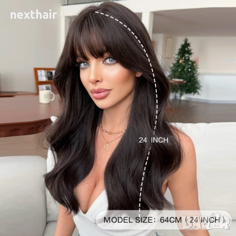 Тъмно кафява чуплива перука с бретон и зигзаг път, снимка 2 - Аксесоари за коса - 52379267