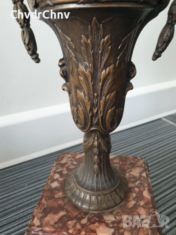 Франция 1800-те/37см-4кг/стара френска метална ваза ЦАМ-бронз-розов мрамор, снимка 4 - Антикварни и старинни предмети - 52840418