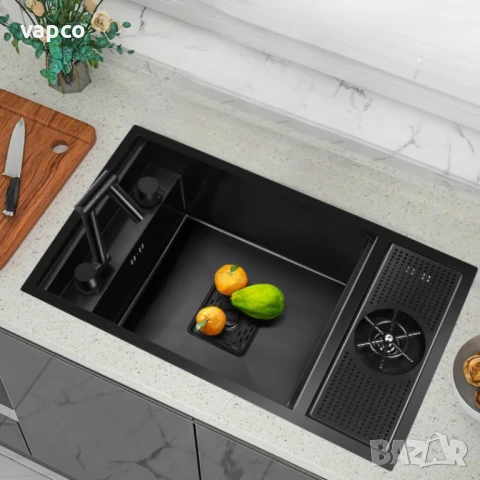 Черна мини мултифункционална кухненска мивка с капак