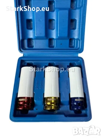 Комплект Ударни Вложки Удължени за Лети Джанти 17, 19, 21мм 1/2″ HAWEK, снимка 3 - Куфари с инструменти - 50259528