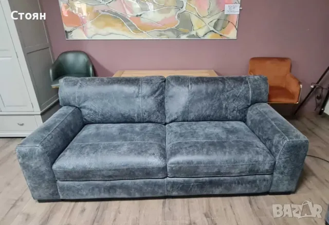 Сив кожен комплект тройка и фотьойл - телешки бокс, снимка 9 - Дивани и мека мебел - 50059154