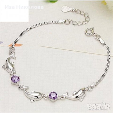 Сребърна гривна делфини със сапфири, снимка 3 - Гривни - 39446423