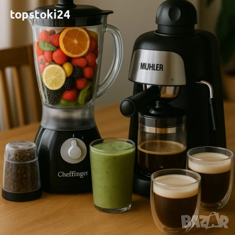 Комплект от еспресо машина MUHLER MCM-33 + 2 стъклени чаши и блендер с мелничка Cheffinger Home CF-P, снимка 10 - Други - 52429844
