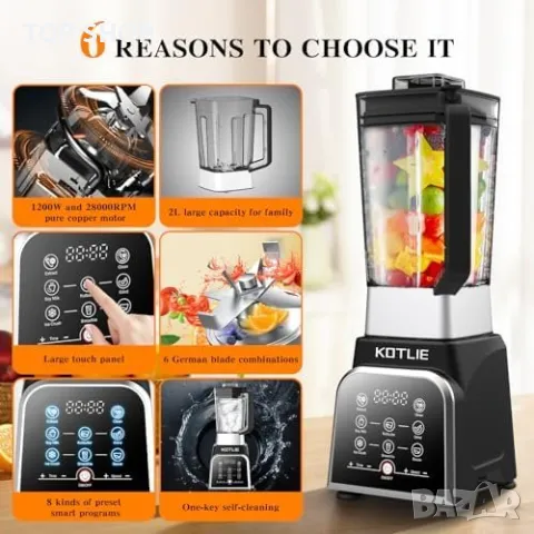 Нов Мощен блендер KOTLIE 2000W 28000RPM 8 Програми Смутита Сосове, снимка 3 - Блендери - 49956915
