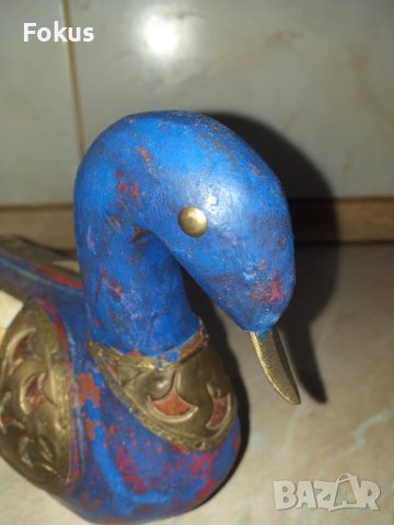 Страхотна синя дървена патица патка с месинг и кост, снимка 3 - Антикварни и старинни предмети - 43414187