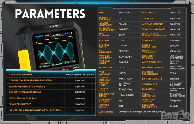 Осцилоскоп фосфорен двуканален с генератор на сигнал Fnirsi, снимка 3 - Генератори - 43810630