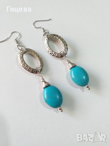Модерни Бохо Шик обеци с гокеми овални Тюркоази и гравирани елементи в цвят сребро , снимка 1