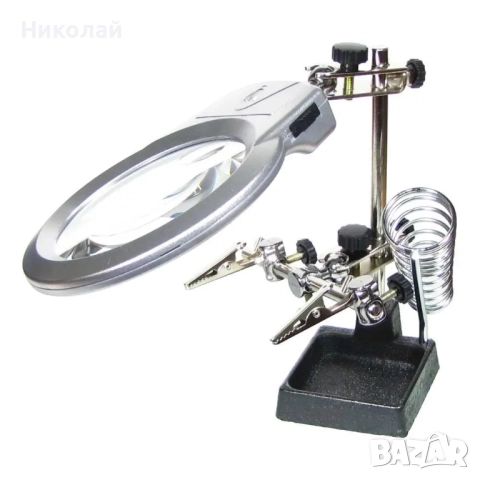 Държач за платки и поялник MG16129-A с LED подсветка и двойна лупа, снимка 3 - Друга електроника - 52334309