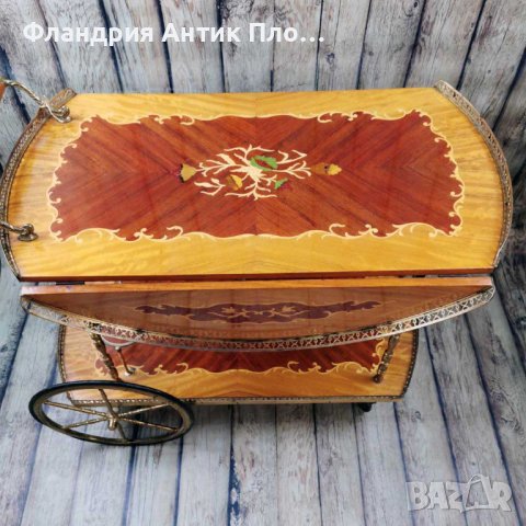 Старинна количка за сервиране с интарзия, снимка 4 - Антикварни и старинни предмети - 43322689