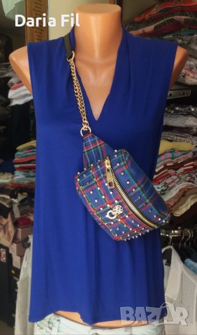 УНИКАЛНА малка чанта тип банан в шотландско каре със сребристи камъчета и кабсички, снимка 1