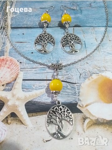Слънчев комплект бижута с овални медальони Дървото на живота и порцеланови мъниста , снимка 4 - Бижутерийни комплекти - 32892324