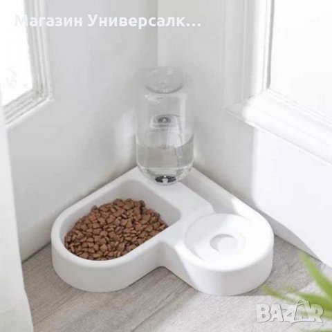 Двойна ъглова купа за храна и вода за домашен любимец, котка, куче. Купичка с диспенсър, снимка 1