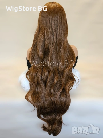 Дълга кафява къдрава перука с бретон 90см светло кестенява, снимка 5 - Аксесоари за коса - 53513437