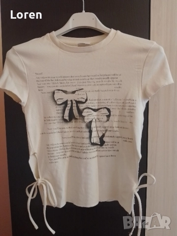 Ново!*Bershka*Къса кремава готина тениска с 🎀 💋панделки🎀💋