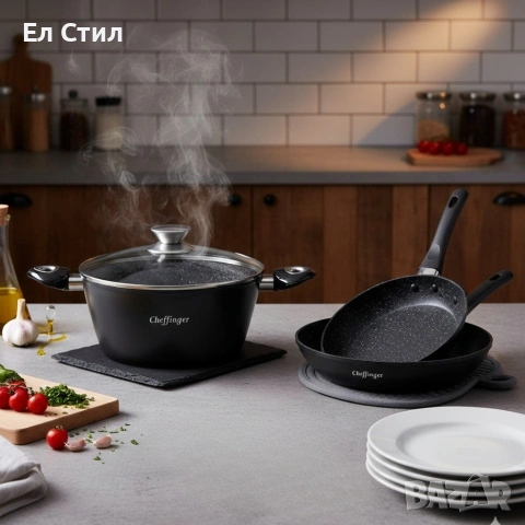 Комплект съдове за готвене 6 части Cheffinger – тенджера 24 см, тигани 24 и 28 см, за индукция, снимка 4 - Съдове за готвене - 53573304