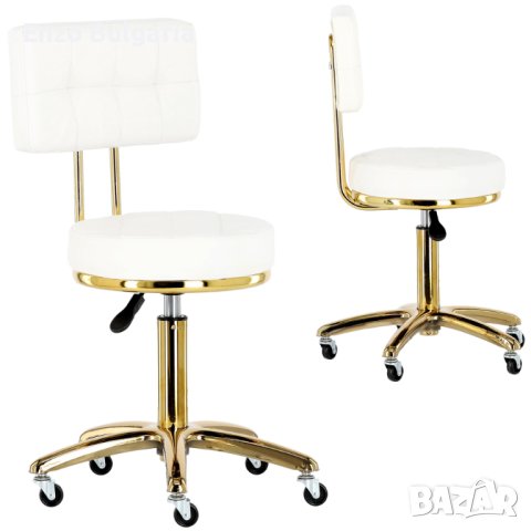 Козметична табуретка с облегалка фризьорски стол бял въртящ се за салон SD-D10-GOLD-WHITE, снимка 1