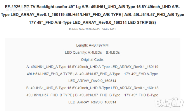 LED ленти за подсветка LG49'' 49LH51, снимка 6 - Части и Платки - 44906930