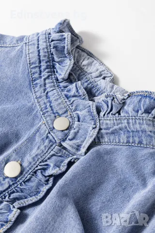 Дамска дънкова риза в синьо с дълъг ръкав и къдрички, снимка 6 - Ризи - 49608026