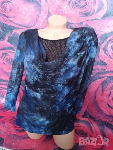 Преливащо-синя блуза с турско деколте декорирано с пайети М , снимка 4 - Блузи с дълъг ръкав и пуловери - 38913673