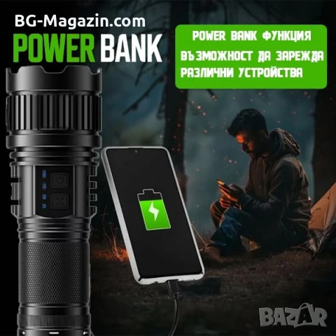 Мощен ръчен фенер прожектор LED лазерен диод презареждащ се USB Power Bank за лов риболов къмпинг, снимка 4 - Къмпинг осветление - 51017212