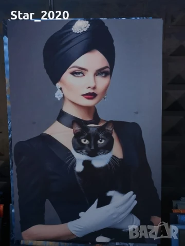 Светеща картина с LED осветление -жена и котка 