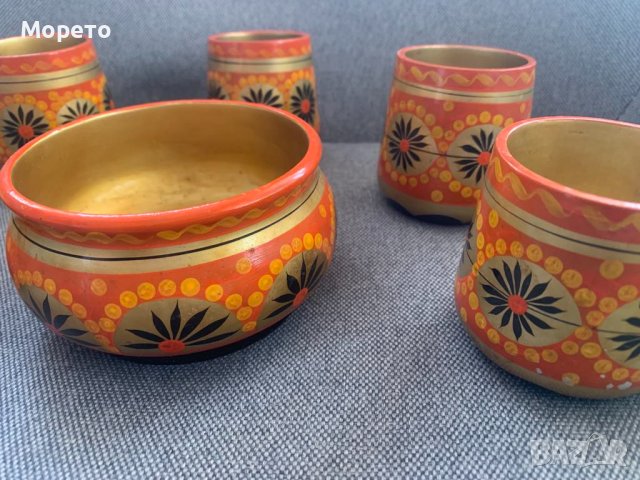 Хохлома-Красив ръчно рисуван сервиз-СССР-2, снимка 3 - Антикварни и старинни предмети - 44012321