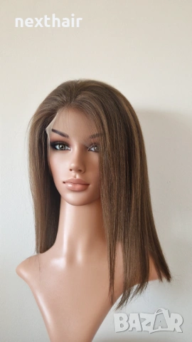 Естествена кафява перука 40 см, бразилски косъм, дантела 13x4, снимка 3 - Аксесоари за коса - 53136564