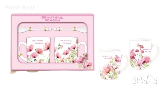 Порцеланов комплект 2 чаши с 2 лъжици. Различни модели, снимка 5 - Чаши - 52406723